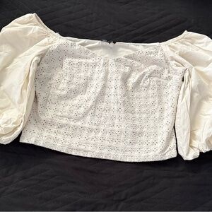 Express Cream Off-Shoulder Eyelet Crop Top
